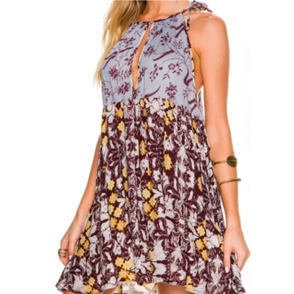 Free People Blue and Maroon Floral Mini Dress with Yellow Accents